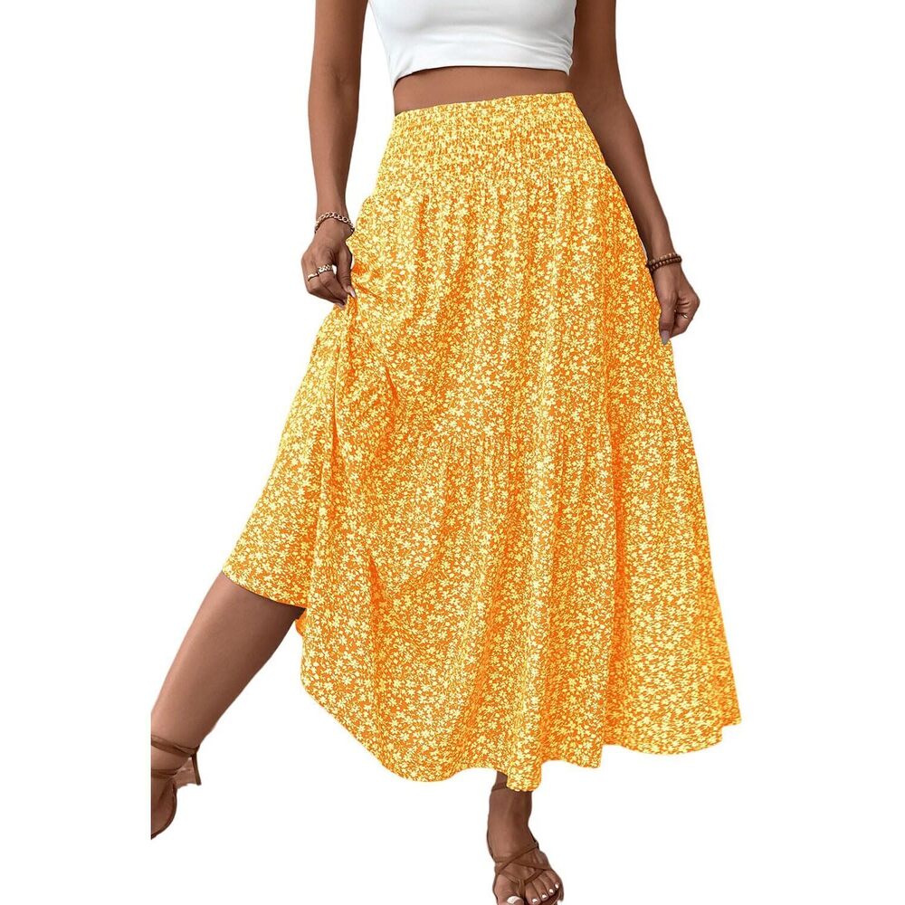8590 Long Skirts High Waisted Boho Maxi Skirt with Pockets M,932-Yellow